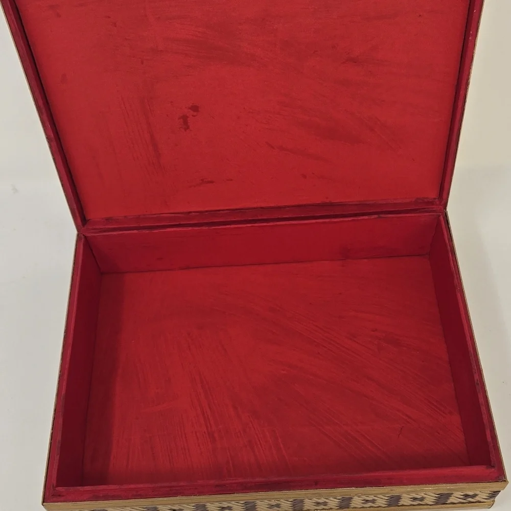 Vintage‎ straw bamboo marquetry trinket jewelry box red lining photo slot